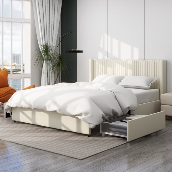 TK Anna Patented 2-Drawer Storage Bed Queen Size Ivory Velvet Upholstered Wingback Platform Bed Modern Design Headboard with Tight Channel Wooden Slat
