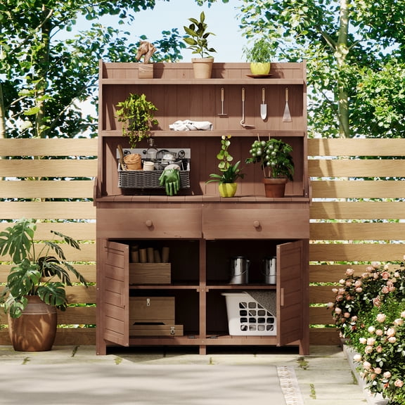 TK [Assembly Video Provided] TOPMAX 65inch Garden Potting Bench Table Fir Wood Workstation with Storage Shelf Drawer and