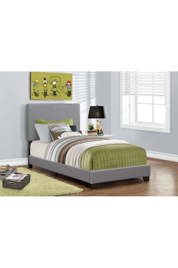 TK Bed Twin Size Bedroom Upholstered Grey Leather Look Transitional