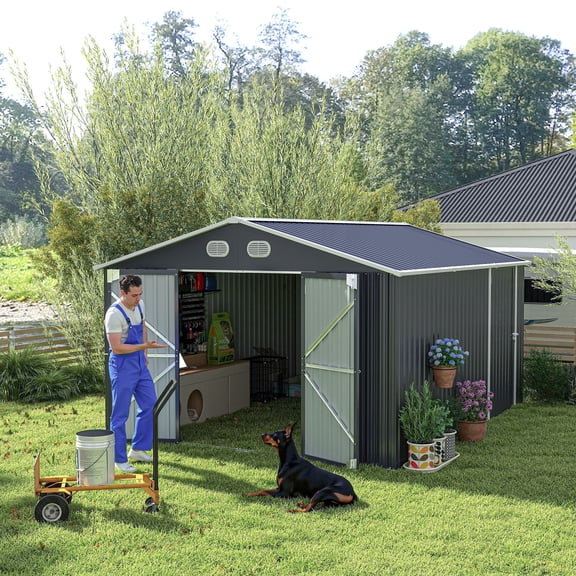 TK Campcraft 10x12 FT Outdoor Metal Storage Shed Large Storage Sheds with Sturdy Frame Structure Metal Garden Tool Shed with Lockable Door for Garden