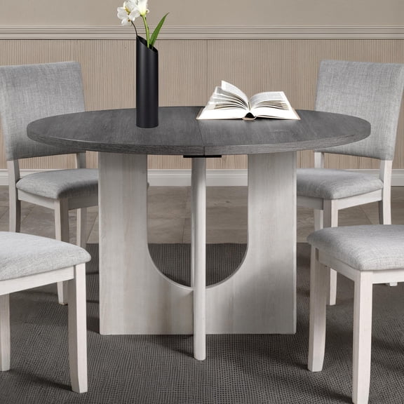 TK Classic Round Dining Table 1pc Dining Room Furniture Gray Two-Tone Finish U-shaped Pedestal Base Table