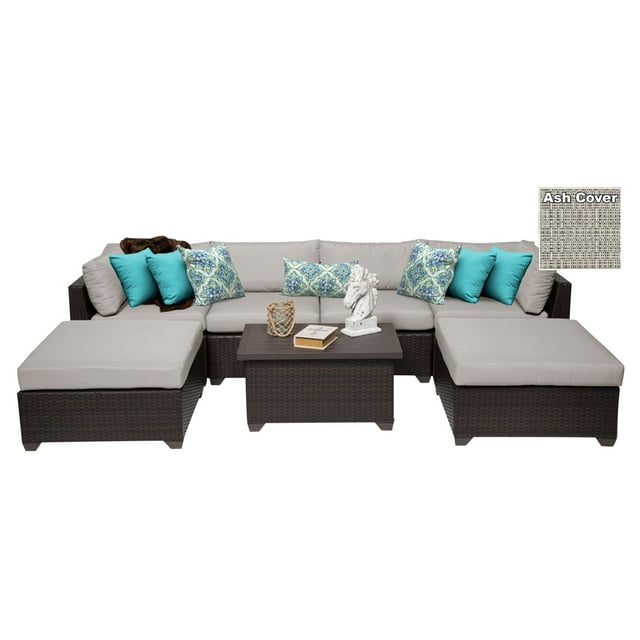TK Classics Belle Wicker 7 Piece Patio Conversation Set with Ottoman and 2 Sets of Cushion Covers