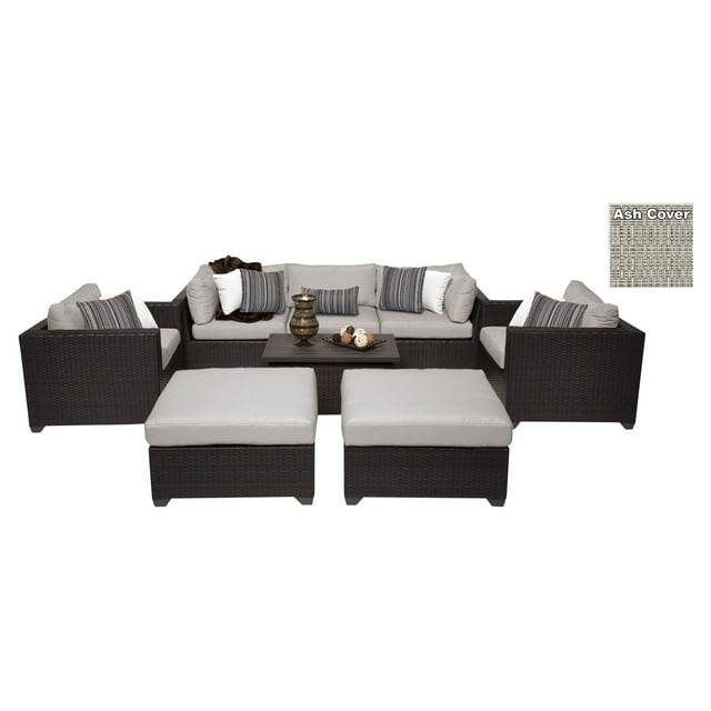 TK Classics Belle Wicker 8 Piece Patio Conversation Set with Ottoman and 2 Sets of Cushion Covers