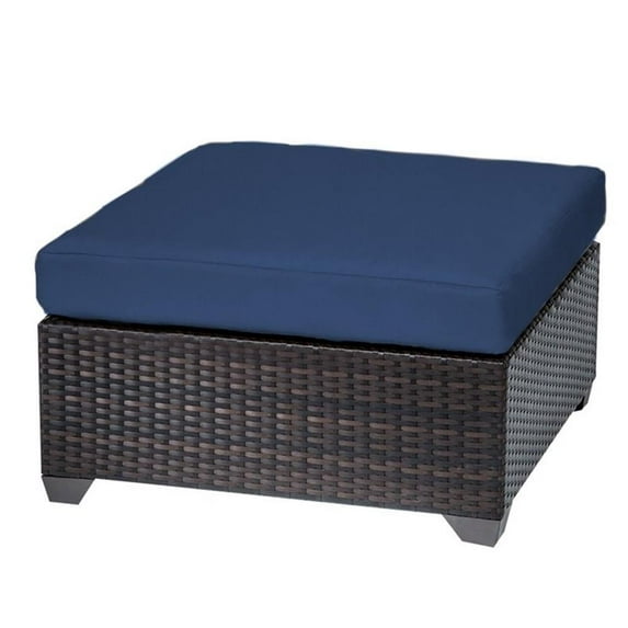 TK Classics Belle Wicker Patio Square Ottoman in Dark Brown with Navy Cushions
