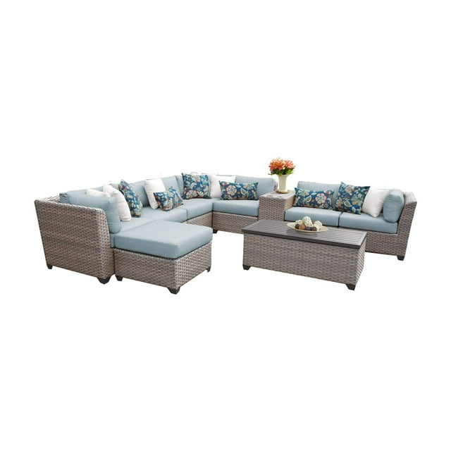 TK Classics Florence Wicker 10 Piece Patio Conversation Set with Ottoman and 2 Sets of Cushion Covers