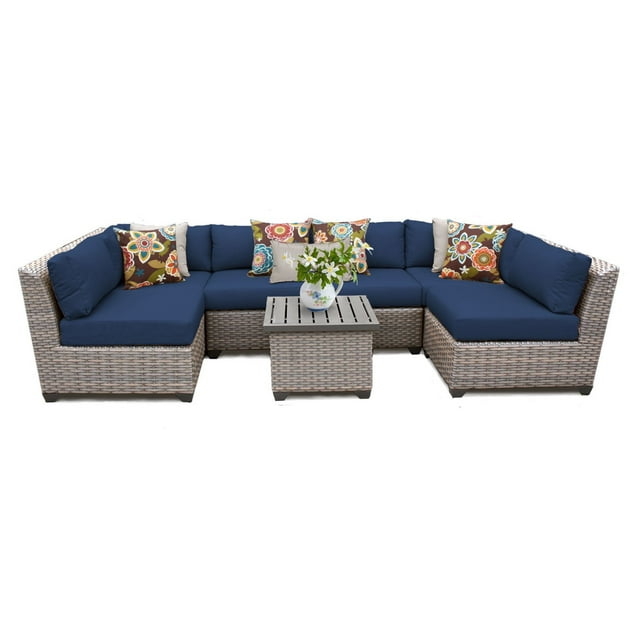TK Classics FLORENCE-07c-NAVY 7 Piece Outdoor Wicker Patio Furniture Set, Navy