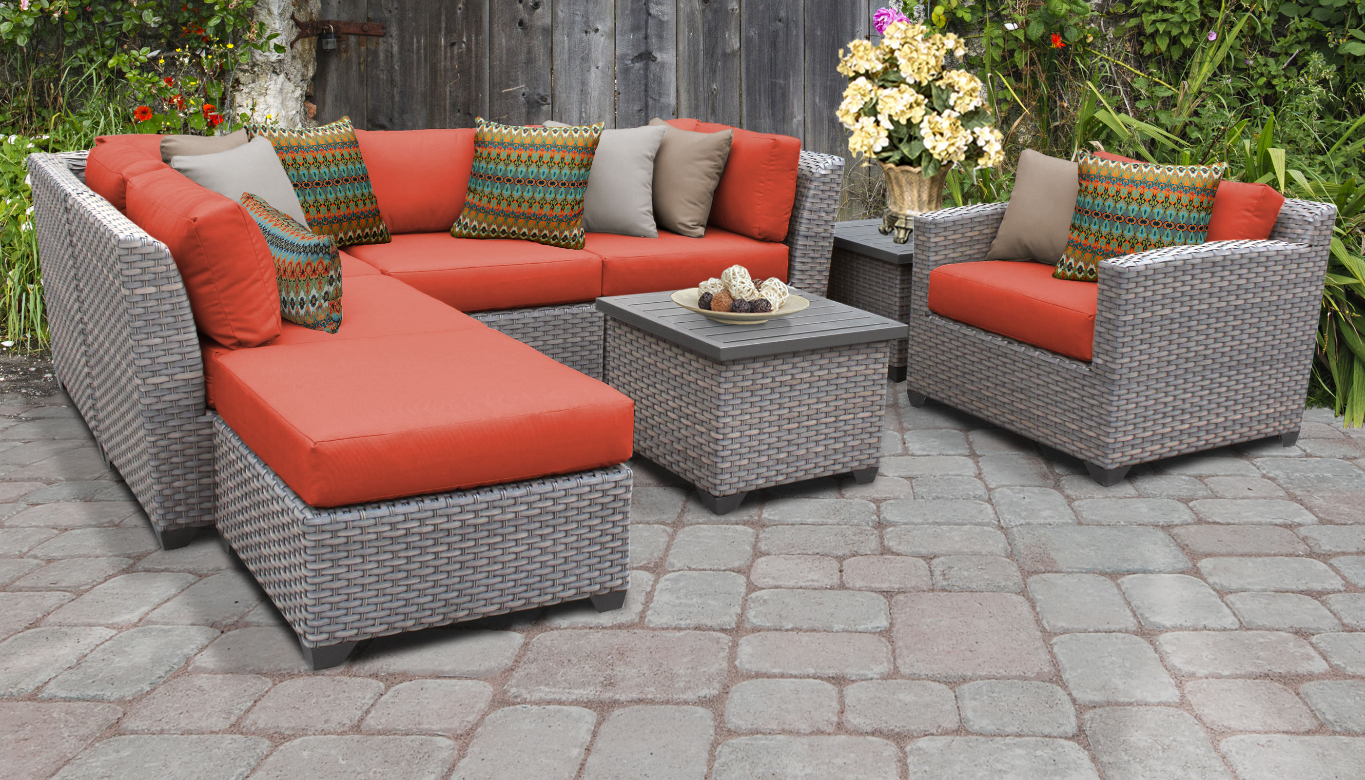 TK Classics Florence Wicker 8 Piece Patio Conversation Set with End Table and 2 Sets of Cushion Covers - image 1 of 12