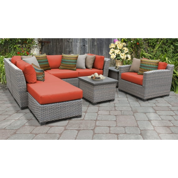 TK Classics Florence Wicker 8 Piece Patio Conversation Set with End Table and 2 Sets of Cushion Covers