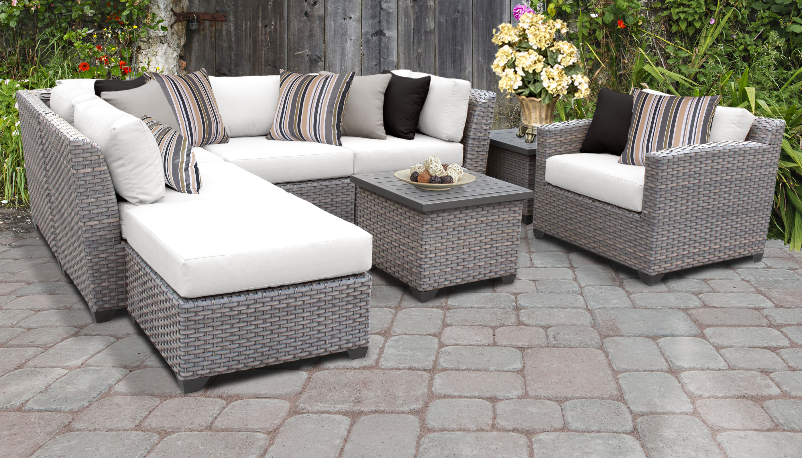 TK Classics Florence Wicker 8 Piece Patio Conversation Set with End Table and 2 Sets of Cushion Covers - image 1 of 12