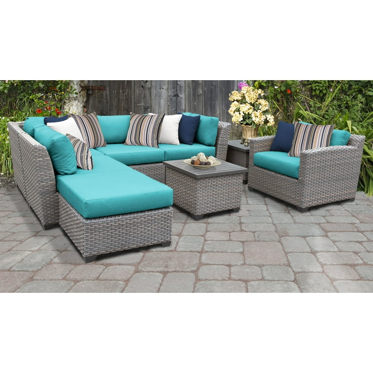 TK Classics Florence Wicker 8 Piece Patio Conversation Set with End Table and 2 Sets of Cushion Covers