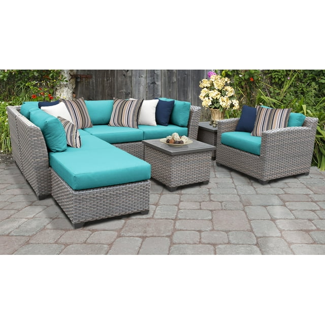 TK Classics Florence Wicker 8 Piece Patio Conversation Set with End Table and 2 Sets of Cushion Covers