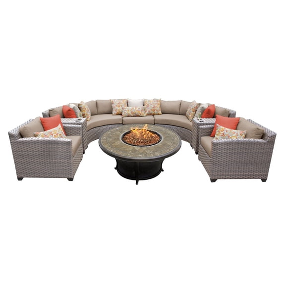 TK Classics Florence Wicker 8 Piece Patio Conversation Set with Fire Pit Table and 2 Sets of Cushion Covers