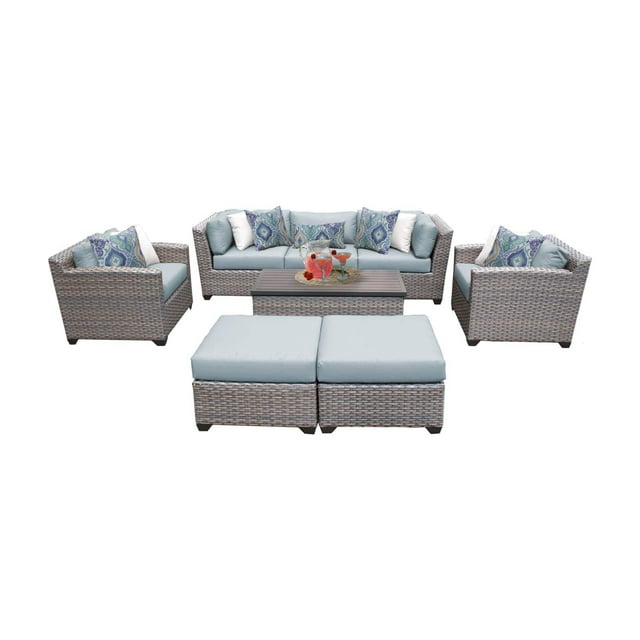 TK Classics Florence Wicker 8 Piece Patio Conversation Set with Ottoman and 2 Sets of Cushion Covers