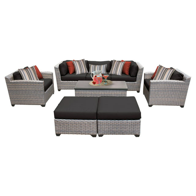 TK Classics Florence Wicker 8 Piece Patio Conversation Set with Ottoman and 2 Sets of Cushion Covers