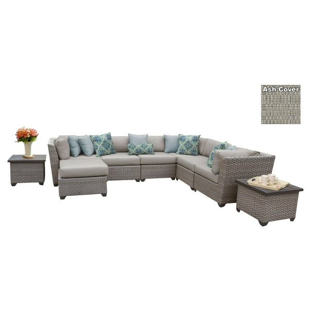 TK Classics Florence Wicker 9 Piece Patio Conversation Set with Ottoman and 2 Sets of Cushion Covers