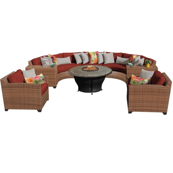 TK Classics Laguna 8 Piece Curved Wicker Patio Conversation Set with Charleston Firepit Table