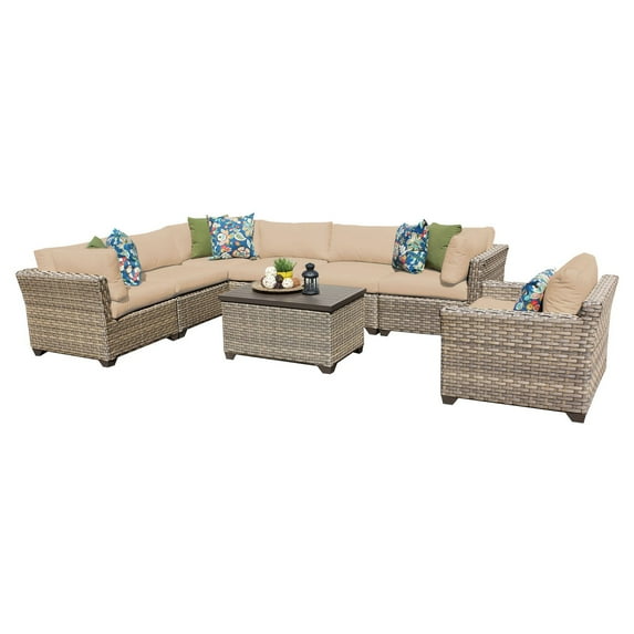 TK Classics Monterey Wicker 8 Piece Patio Conversation Set with 2 Sets of Cushion Covers
