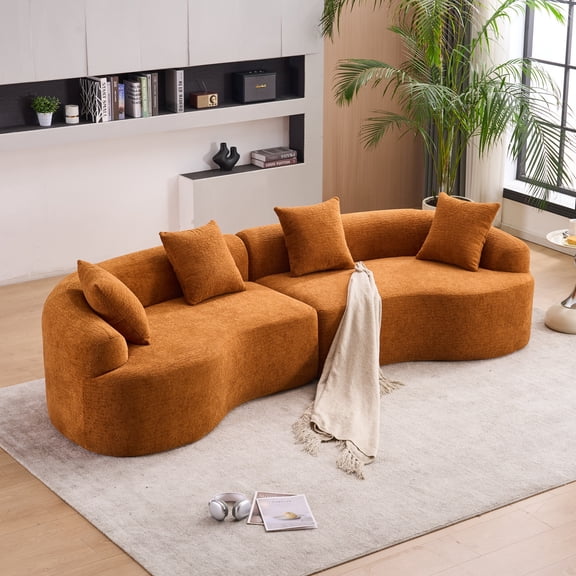 TK Compression Sponge Sofa Orange Curved Modular Sectional 30D High-Density Chenille Sleeper Couch for Apartment Living