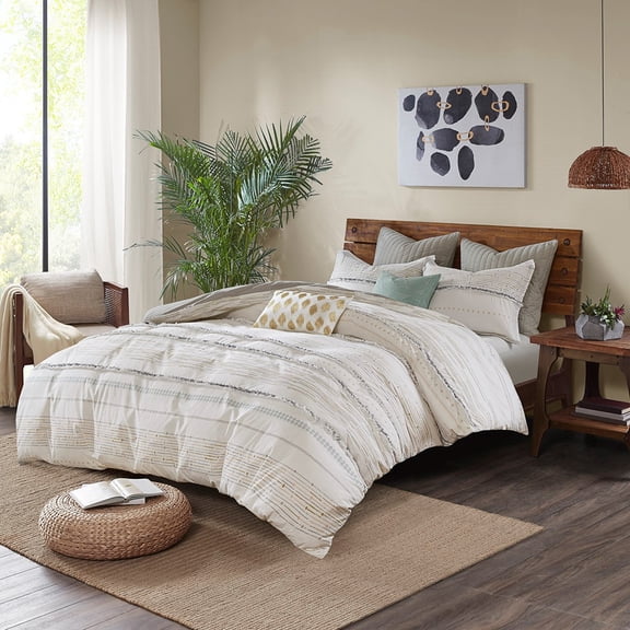 TK Cotton Printed Comforter Set with Trims Off White/Gray King/Cal King
