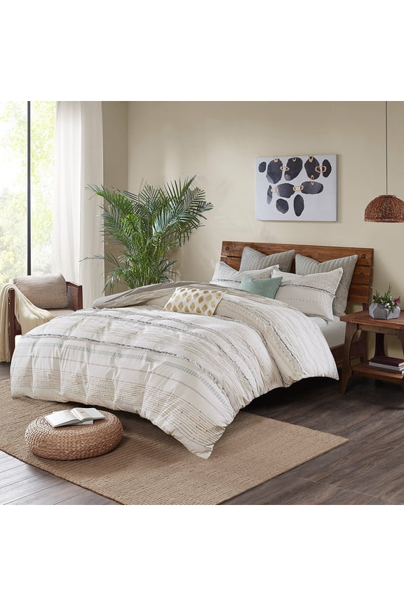 TK Cotton Printed Comforter Set with Trims Off White/Gray King/Cal King