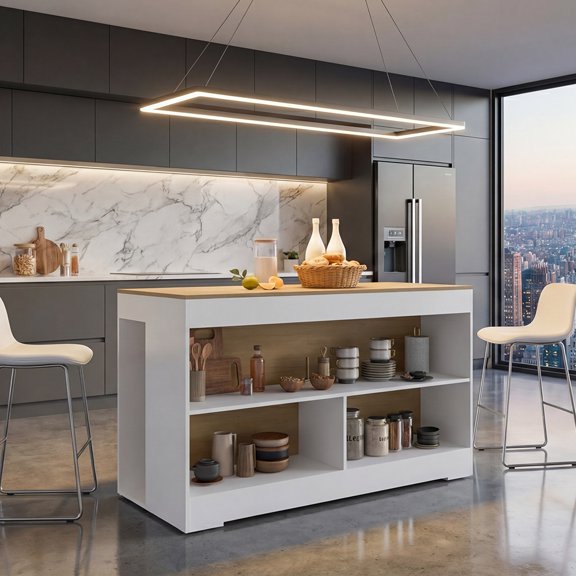 TK Cuenca Dining Counter Table Freestanding Structure with 3 Open Storage Shelves and Wide Dining Prep Table