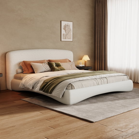 Curved Upholstered Bed with Smart Ambient Lighting,Cream,King for Home Quality Craftsmanship with Premium Materials for Long-Lasting Durability