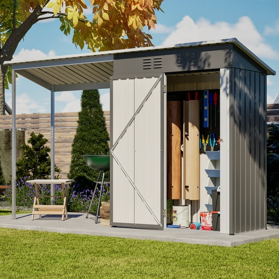 TK Durable 5x3FT Galvanized Steel Shed & Gazebo Combo Easy Assembly Lean-To Storage with Open Pergola All-Weather 2-in-1 Garden Shed for Tool Storage