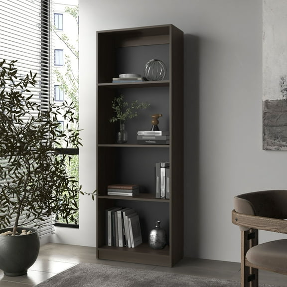 TK FM FURNITURE Bear Flat Bookcase with Open Storage and 4 Shelves ,Stained Walnut