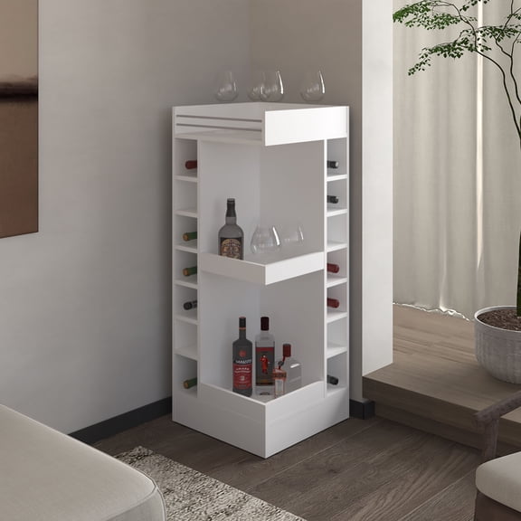 TK FM FURNITURE Lamer Corner Bar Cabinet with Wine Rack and Open Shelf White