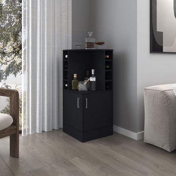 TK FM FURNITURE Toyei Corner Bar Cabinet with Bottle Rack Open Shelves and Hidden Storage Black