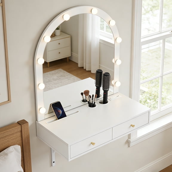 TK Floating Makeup Vanity Desk with Mirror & 3-Colombiaor Lights Wall Dressing Table with Power Outlet Compact vanity Large Storage White