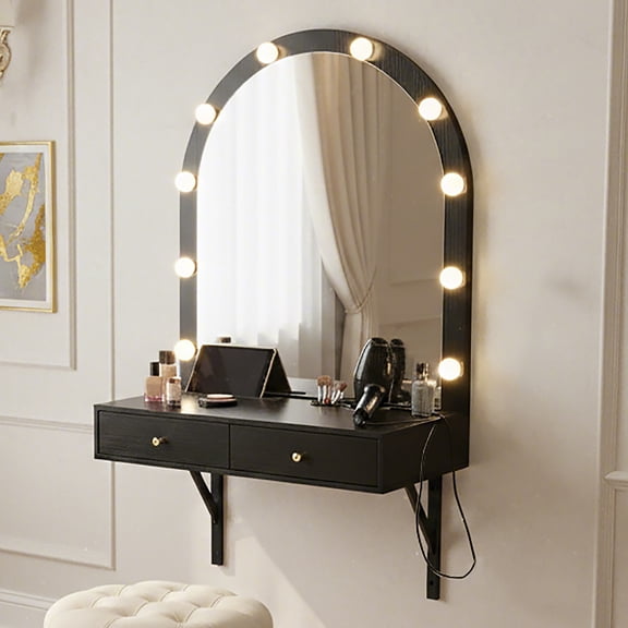 TK Floating Wall Mounted Makeup Vanity Desk with LED Mirror 3 Colombiaor Lights Compact Dressing Table with Power Outlet & USB Charging Space Saving L