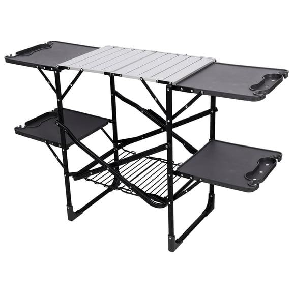 TK Folding Camping Kitchen Table - Portable Outdoor Cooking Station with Heat Resistant Top 4 Side Tables Storage Rack for Picnics & Camping Trips
