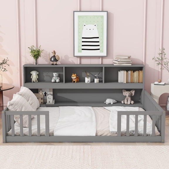 TK Full Floor Bed with Side Bookcase,Shelves,Guardrails,Grey