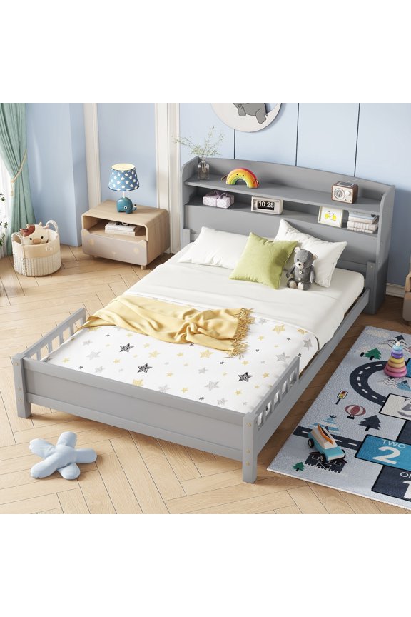 TK Full Pine Wood Bed with Bookcase Headboard ,LED Motion Sensor Light Bed Guardrails,Grey