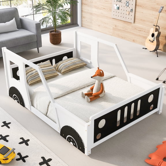TK Full Size Classic Car-Shaped Platform Bed with Wheels,White