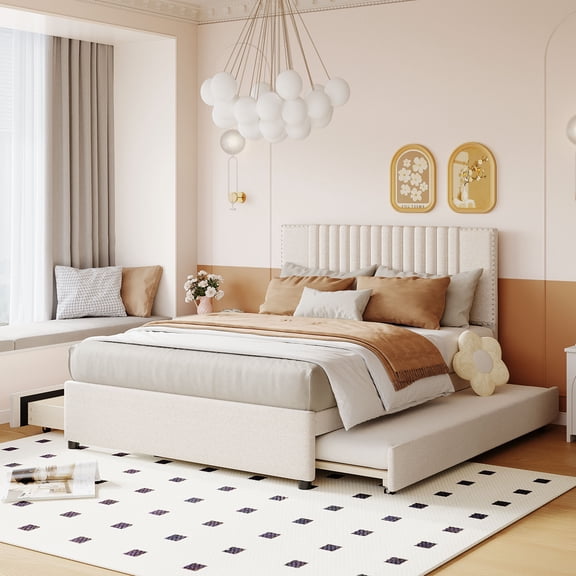 TK Full Size Upholstered Platform Bed with 2 Drawers and 1 Twin Size Trundle Classic Headboard Design Beige