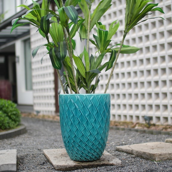 TK Handmade Ceramic Planter Pot 17 Inch Diameter 1 Piece Teal Cyan with Falling Diamond for Monstera Deliciosa and Fiddl
