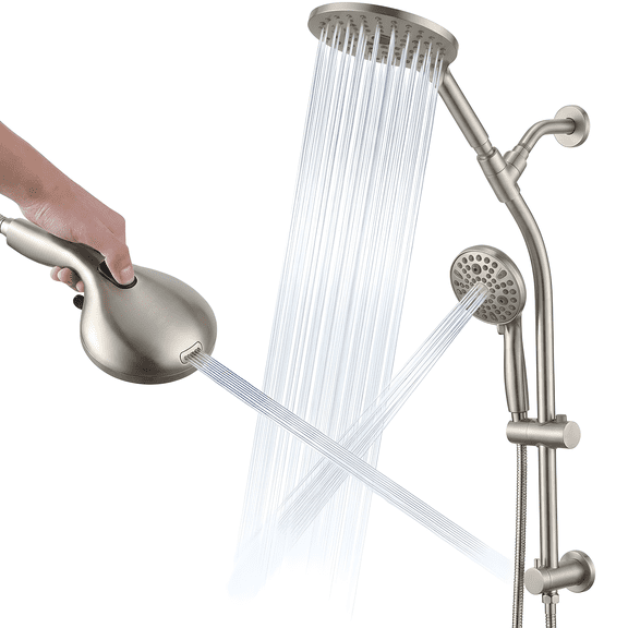 TK High Pressure Dual Shower Head Set - 26 Inch Tool-Free Adjustable Slide Bar,10 Spray Settings and Handheld.