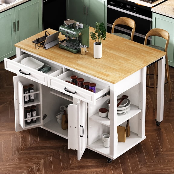 TK K&K 47 inch Kitchen Island with Extendable Dining Table Rubber Wood Veneer Kitchen Table with Internal Storage Rack Power Outlet Kitchen island wit