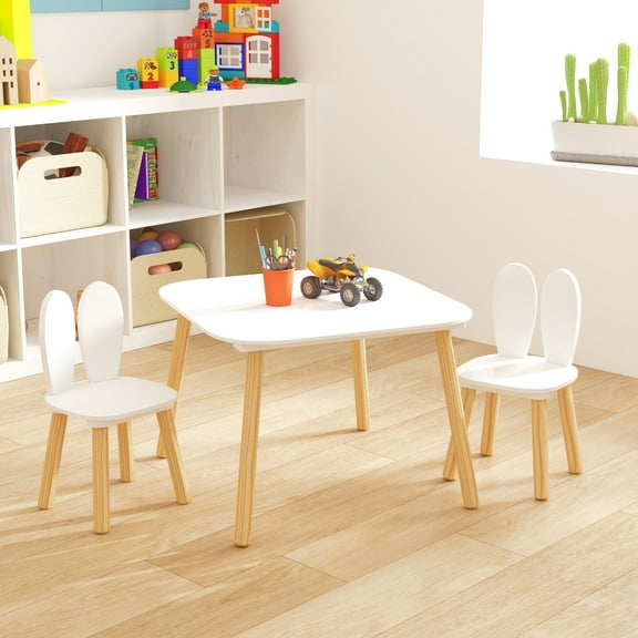 TK Kids Table and 2 Chairs Set 3 Pieces Rabbit Themed Toddler Table and Chair Set Children Wooden Activity Play Table Set Solid Wood Legs (White)