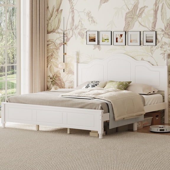 TK King Size Platform Bed Frame with Retro Wave Headboard Wooden Slat Support No Box Spring Needed Easy Assembly Sturdy Structure ,Bedroom Furniture w