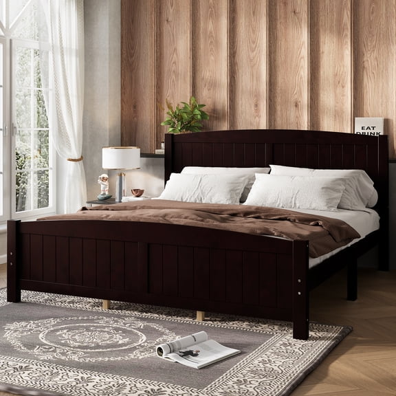 TK King Size Platform Bed Solid Wood Platform Bed with Support Slats and Strong Structure No Box Spring Needed Espresso