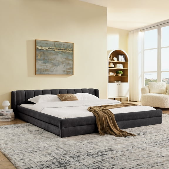 TK King Size Upholstered Bed Frame with Thick Fabric comfortable upholstered bed frame Chenille fabric with headboard and solid bed frame-Dark Gray(88