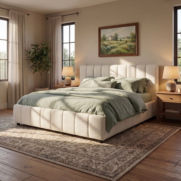 TK King Size Upholstered Bed Frame With Boucle Fabric And Thick Headboard Off white