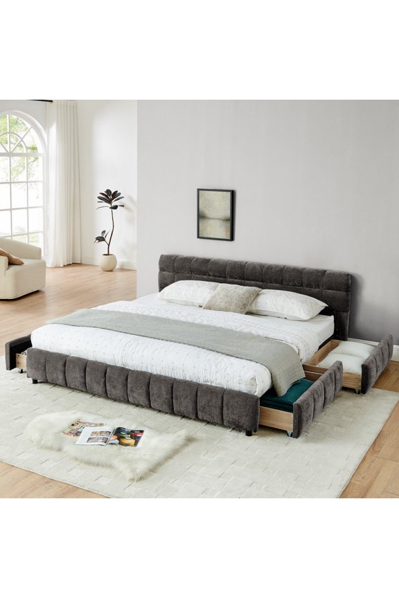 TK King Size Upholstered Bed ,comfortable upholstered bed frame Chenille fabric with headboard and solid bed frame. With drawer for storage.-Dark Gray