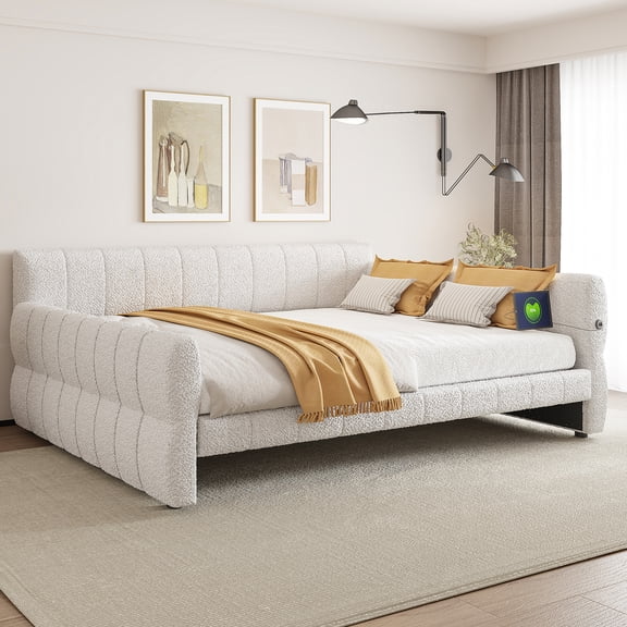 TK King Size Upholstered Platform Bed with USB White