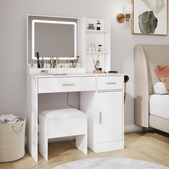 TK Lavin Makeup Vanity Set Vanity Desk with Stool LED Light Mirror and Charging Station White