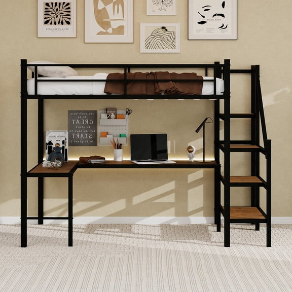TK Loft bed with L-shaped desk large storage space and storage compartments sturdy bed frame with stairs continuous belt railing space-saving noiseles