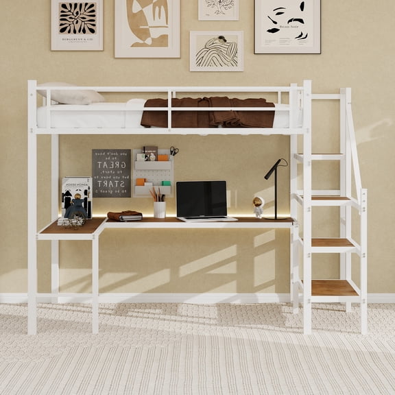 TK Loft bed with L-shaped desk large storage space and storage compartments sturdy bed frame with stairs continuous belt railing space-saving noiseles
